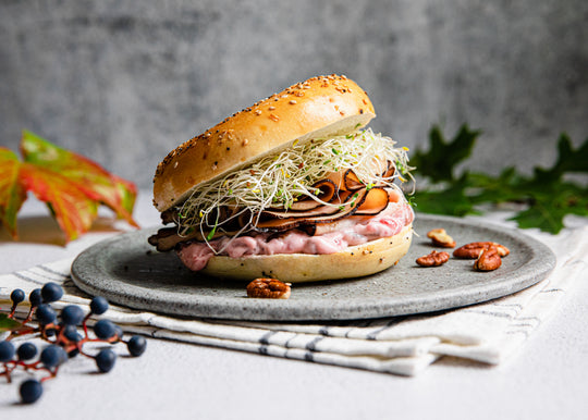Everything Bagelista Turkey Sandwich with Cranberry Mayo and Fresh Sprouts